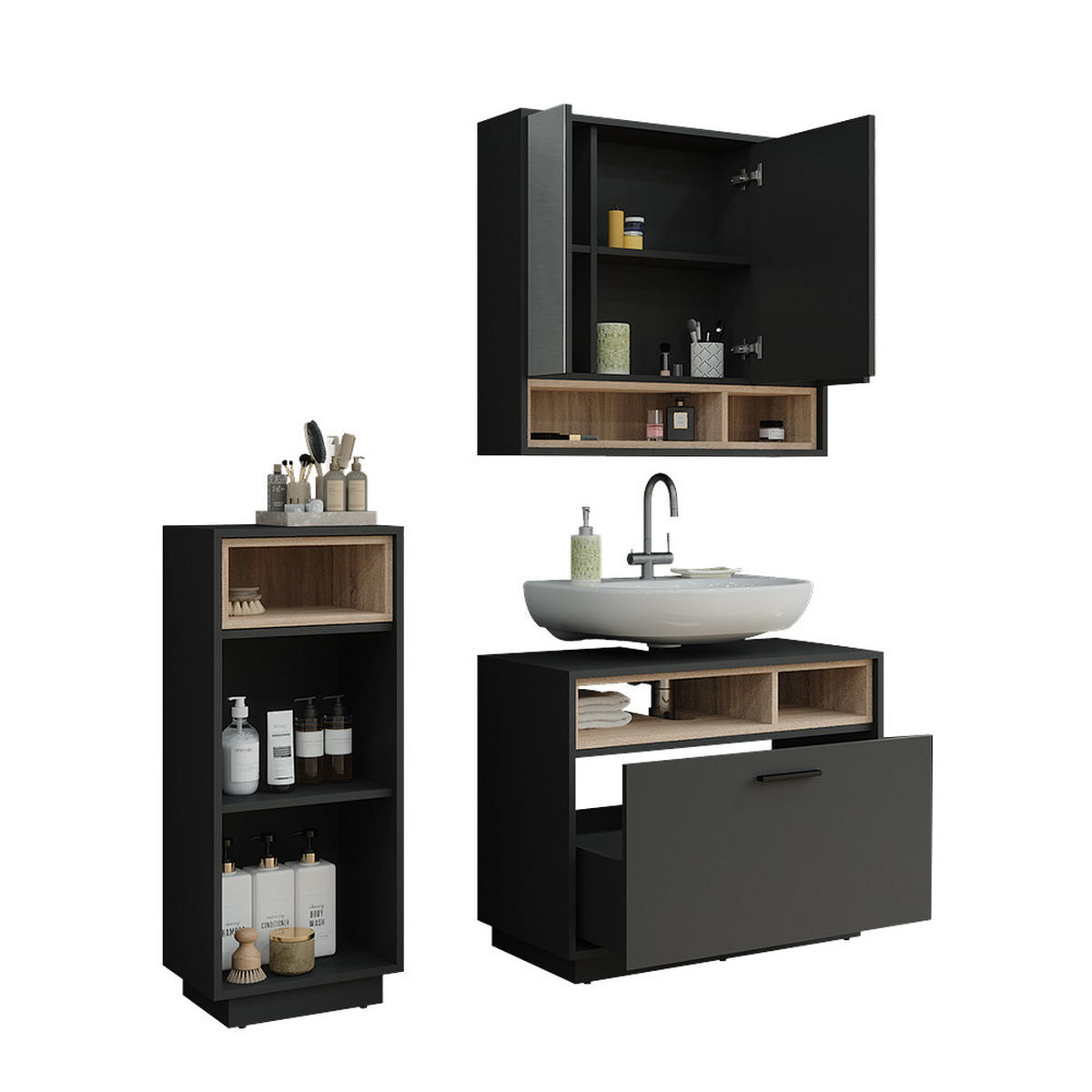 BADMÖBEL-SET Beatrice Anthrazit/Sonoma 3 Teile mit Midischrank - Anthrazit/Sonoma Eiche, Holzwerkstoff (80/64/35cm) - Vicco