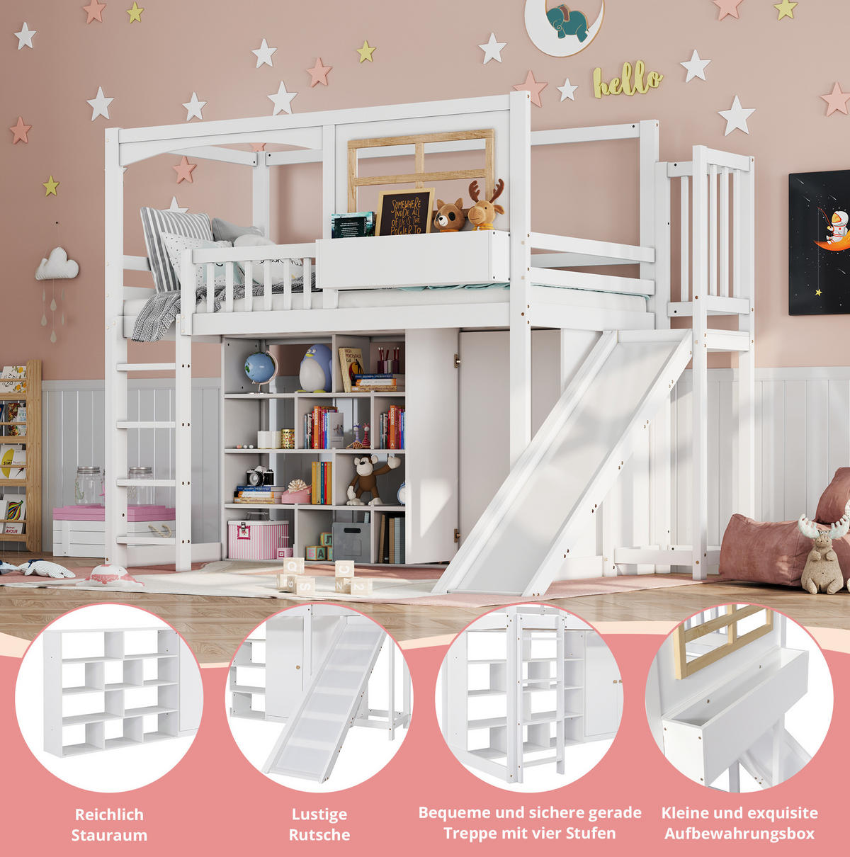 ETAGENBETT 90/200 cm in Weiß/Natur mit Rutsche, Kleiderschrank und Regal - Weiß, Holzwerkstoff (90/200cm) - OKMYHOME