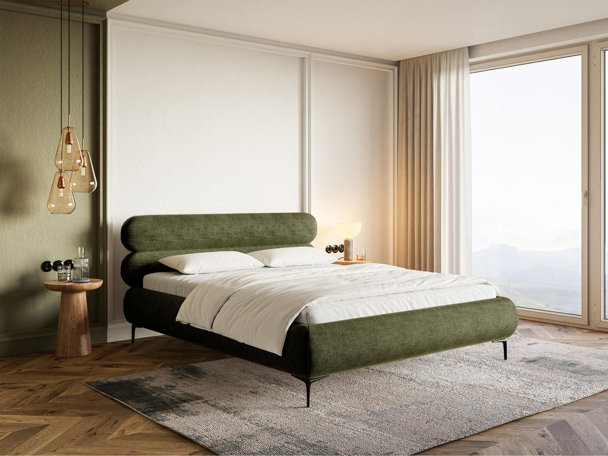 POLSTERBETT Roule Olivgrün Chenille mit schwarzen Metallbeinen 180 cm - Schwarz/Olivgrün, Textil/Metall (180/200cm) - Selsey
