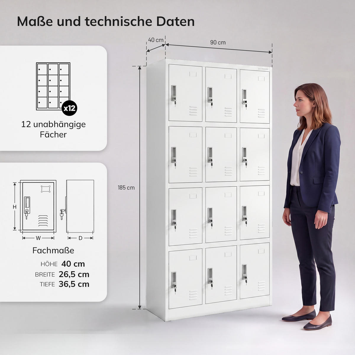 SCHLIESSFACHSCHRANK Marcin 90 x 185 x 40 cm - Weiß, Metall (90/185/40cm) - Jan Nowak