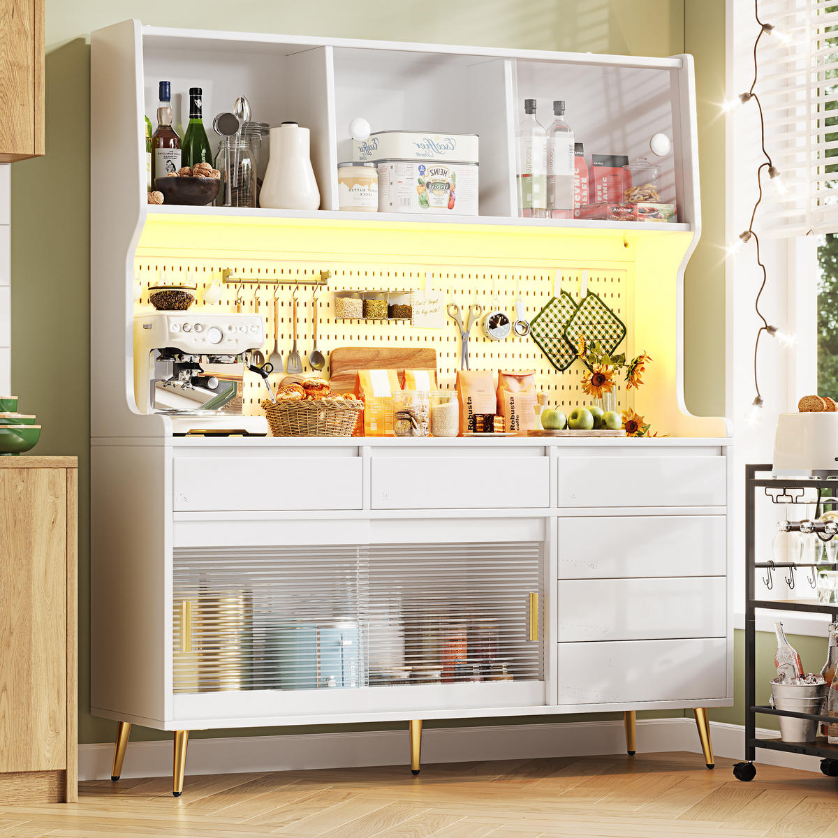GESCHIRRSCHRANK aus MDF & Glas 145x39x171cm in Weiß mit LED - Weiß, Holzwerkstoff (145/171/39cm) - Modfu