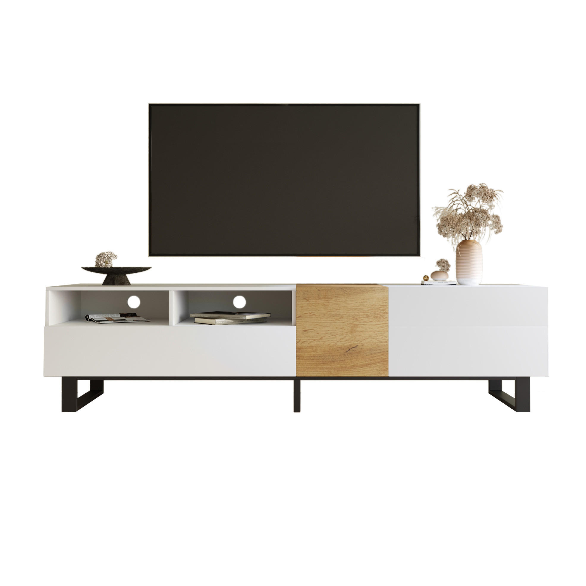 TV-SCHRANK aus MDF 180x38x50 cm Weiß und Holzoptik mit 2 Schubladen, 2 Türen und offenen Fächern - Weiß, Holzwerkstoff (180/50/38cm) - Modfu