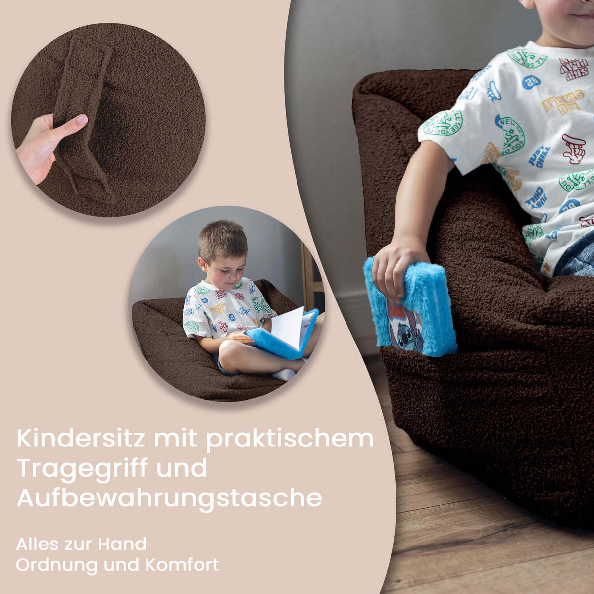 SITZSACK-SESSEL Bambino 55/60/55 cm, weicher Bouclé 315 g/m², mit Griff & Seitentasche, Dunkelbraun - Dunkelbraun, Textil (55/55/60cm) - Dreamroots