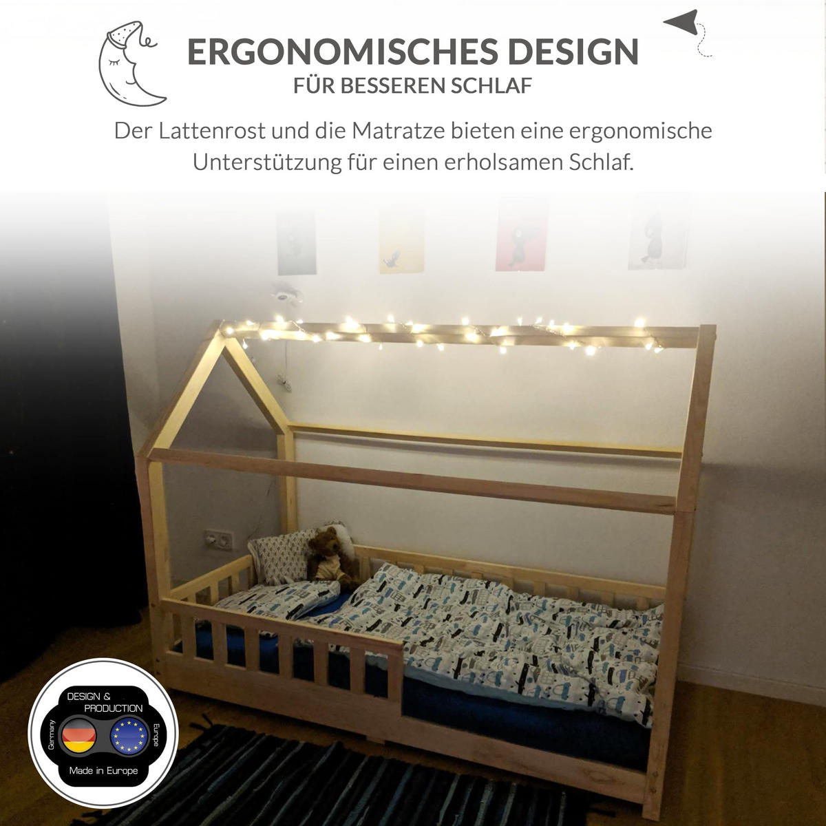 HAUBETT 90 x 200 cm mit Rausfallschutz, aus Massivholz Naturholz - Beige, Holz - Best for Kids