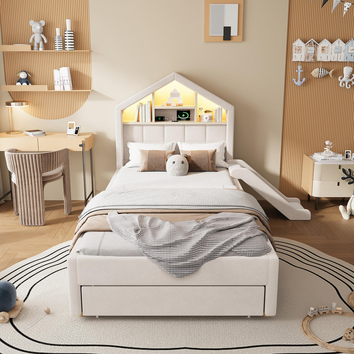 SPIELBETT 90/200 cm mit Rutsche und LED, DE-41740, in Beige - Beige, Holzwerkstoff (90/200cm) - ComfortXL