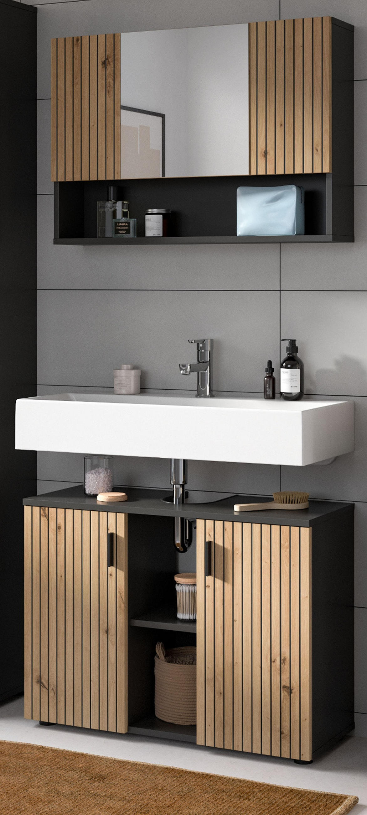 BADMÖBEL-SET Eiche Artisan, grau 2-teilig 80 cm, Badkombination mit Rillen-Optik - Schwarz/Eiche Artisan, Glas/Holzwerkstoff (80/180/30cm) - Inn.Furn