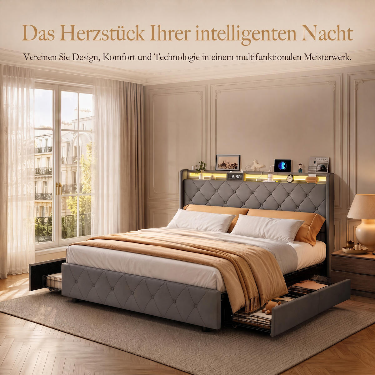 POLSTERBETT, LED-Beleuchtung Doppelbett 160x200cm mit Ladefunktion und 4 Schubladen, Samt, grau - Grau, Holz/Holzwerkstoff (160/200cm) - GENKI LIVING