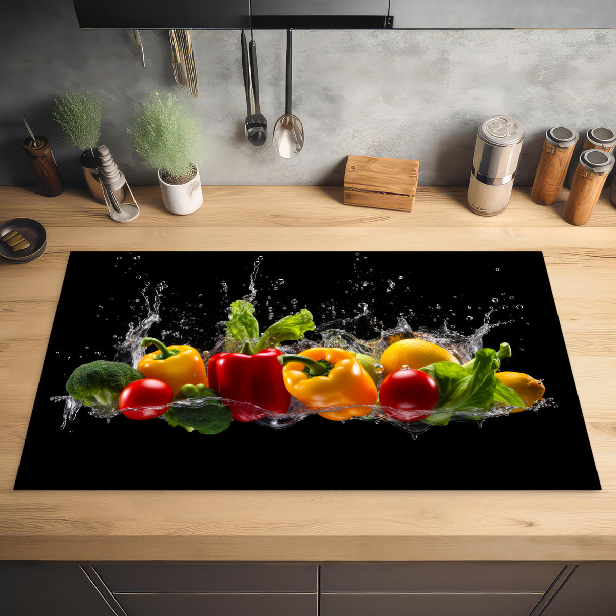 HERDABDECKPLATTE Paprika - Wasser - Gemüse - Schwarz 89x51 cm - Multicolor, Kunststoff (89.6/0.2/51.6cm) - MuchoWow