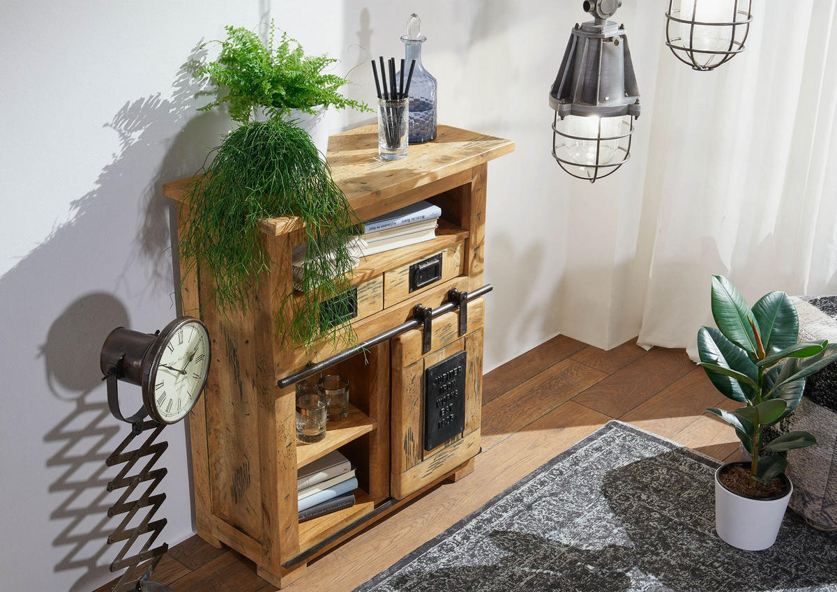 KOMMODE Mango 75x36x90 natur lackiert RAILWAY #152 - Braun, Holz (75/90/36cm) - Massivmoebel24