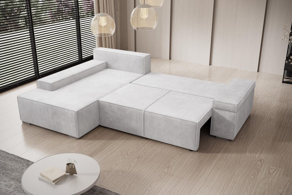 ECKSOFA Milo mit Schlaffunktion und Bettkasten, Couch L-Form, Cord-Stoff, 273x85x185 cm, Grau - Grau, Holz (185/273cm) - PROMETO Möbel