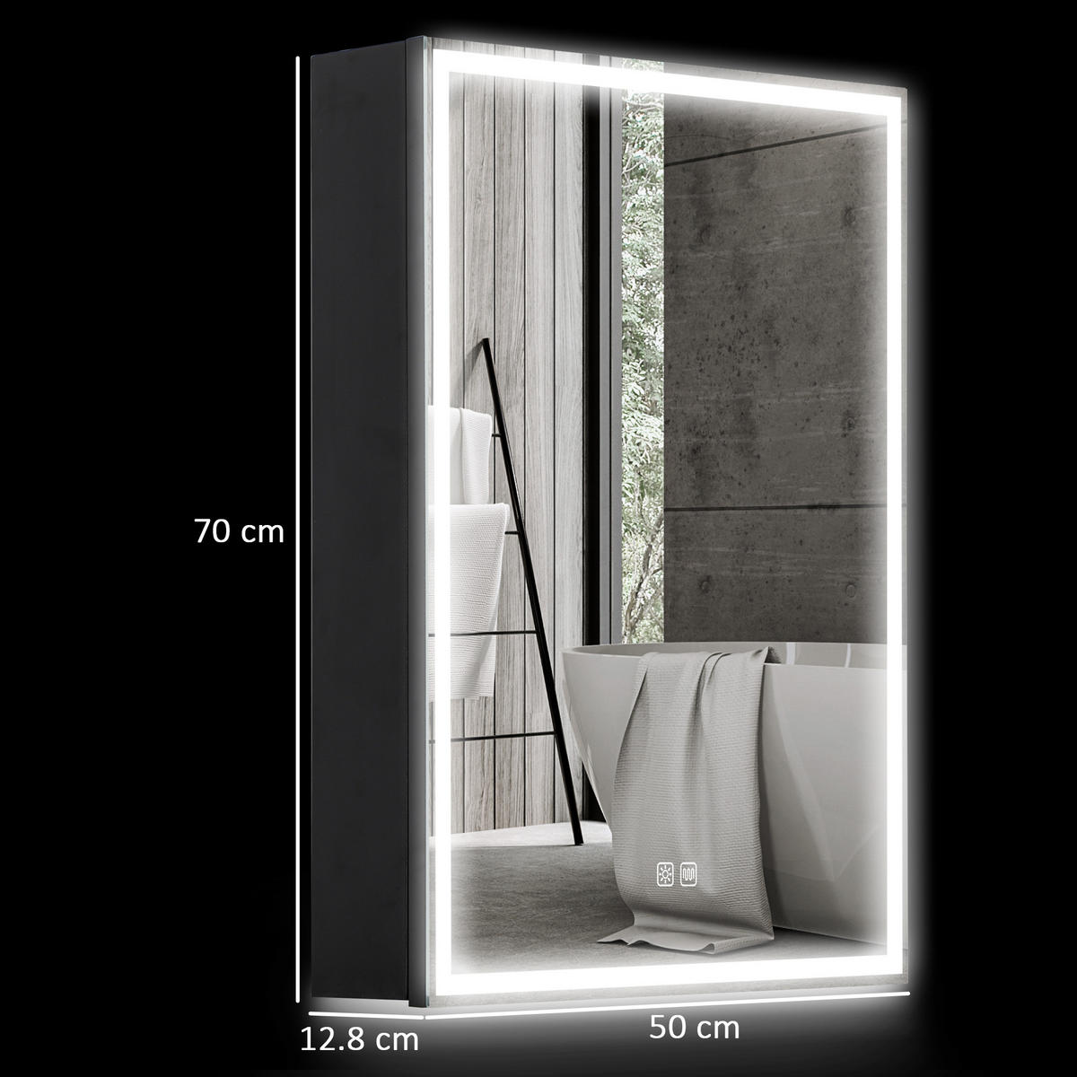 SPIEGELSCHRANK, verstellbarer LED-Beleuchtung und Antibeschlagfunktion,50*12.8*70cm, Schwarz - Schwarz, Glas (50/70/12.8cm) - Vallsero