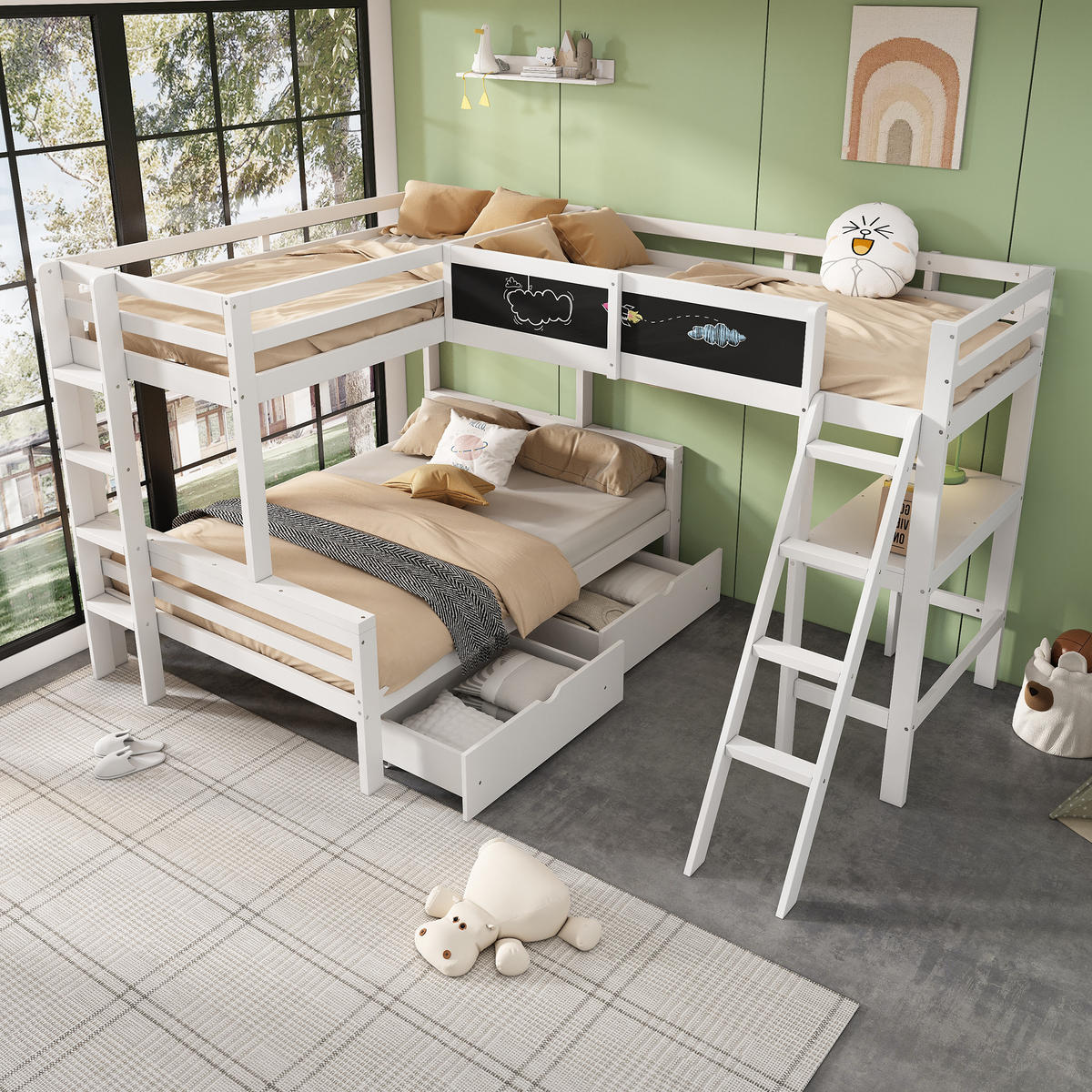 KINDERBETT aus Massivholz 140x200/90x200 cm in Weiß mit Schreibtisch - Weiß, Holz (90/200cm) - Modfu