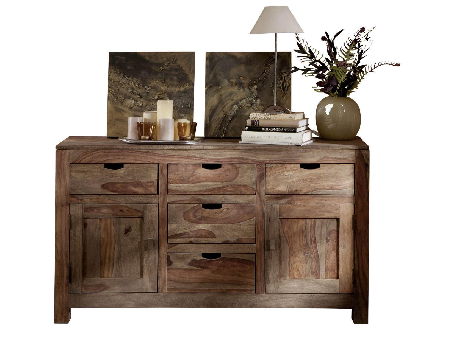 SIDEBOARD Sheesham 140x42x80 grau geölt NATURE GREY #80 - Grau, Holz (140/80/42cm) - Massivmoebel24