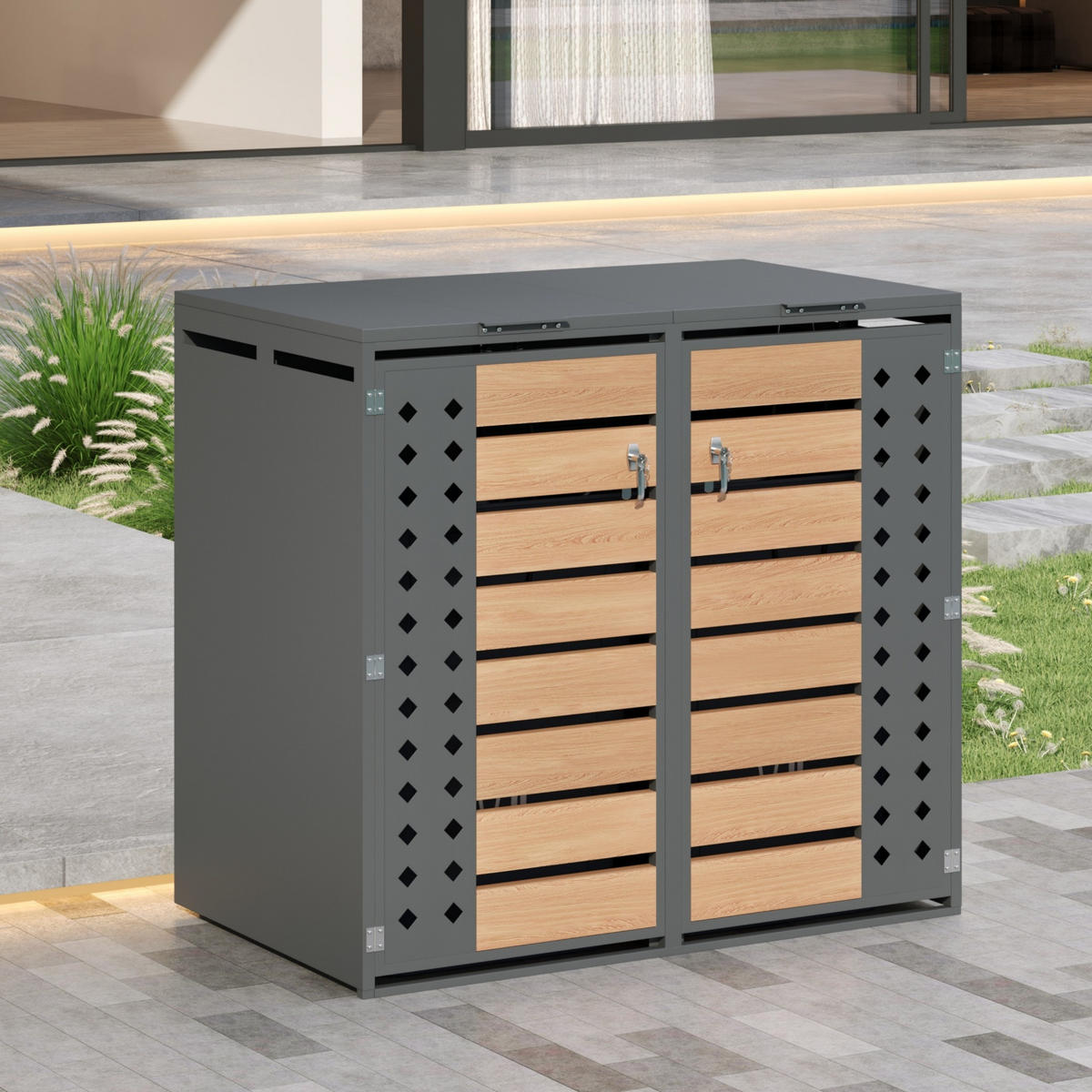 MÜLLTONNENBOX Klappdeckel 2 Türen Holzoptik - Grau, Metall (132/118.5/80cm) - LEBENLANG
