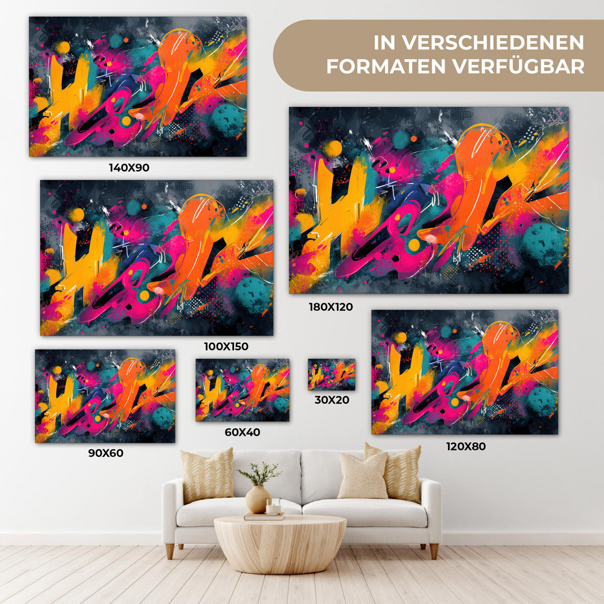 LEINWANDBILD Abstrakt - Graffiti - Farbenfroh - Farbspritzer XXL 150x100 cm - Multicolor, Textil (150/100cm) - MuchoWow