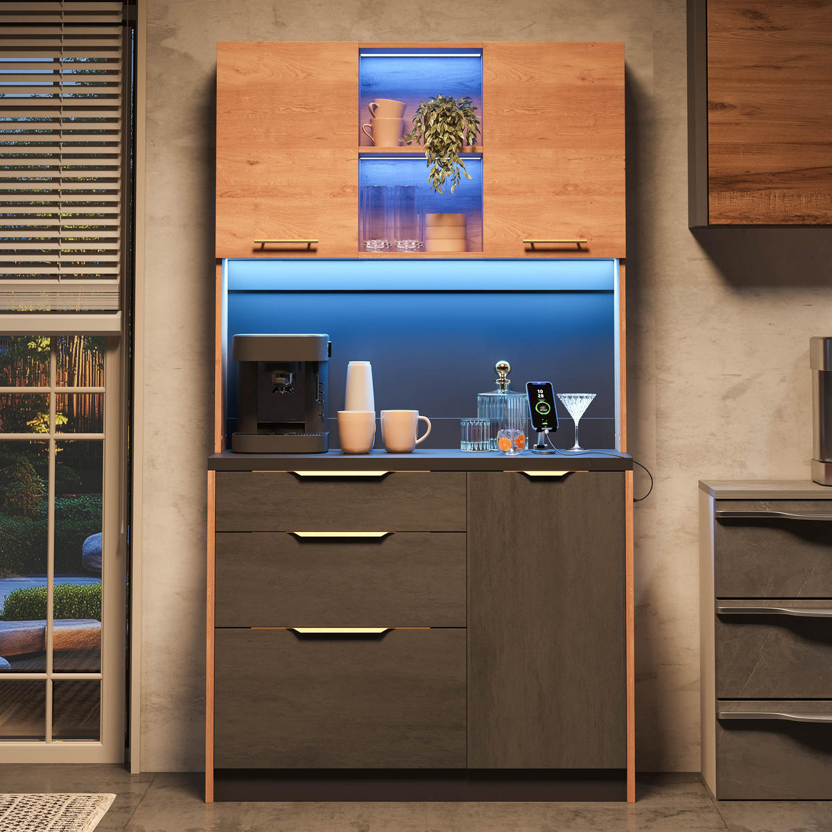 BUFFET DE-38671 100/40/180 cm LED-Beleuchtung und Steckdose Betonoptik/Schwarz - Naturfarben, Holzwerkstoff (100/180/40cm) - ComfortXL