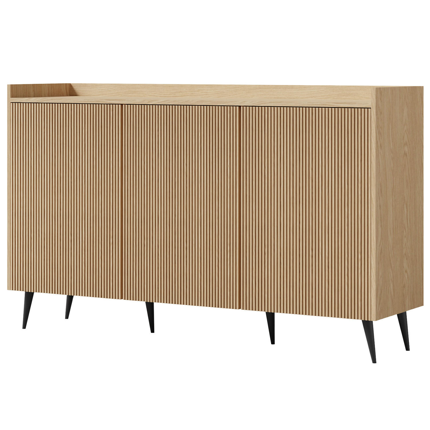 KOMMODE Amfali mit 3 Türen, geriffelte Fronten, Push-to-open, Metallbeine, 150 cm, Frühlings-Eiche - Eichefarben/Schwarz, Holzwerkstoff/Metall (150/92/41cm) - Beautysofa