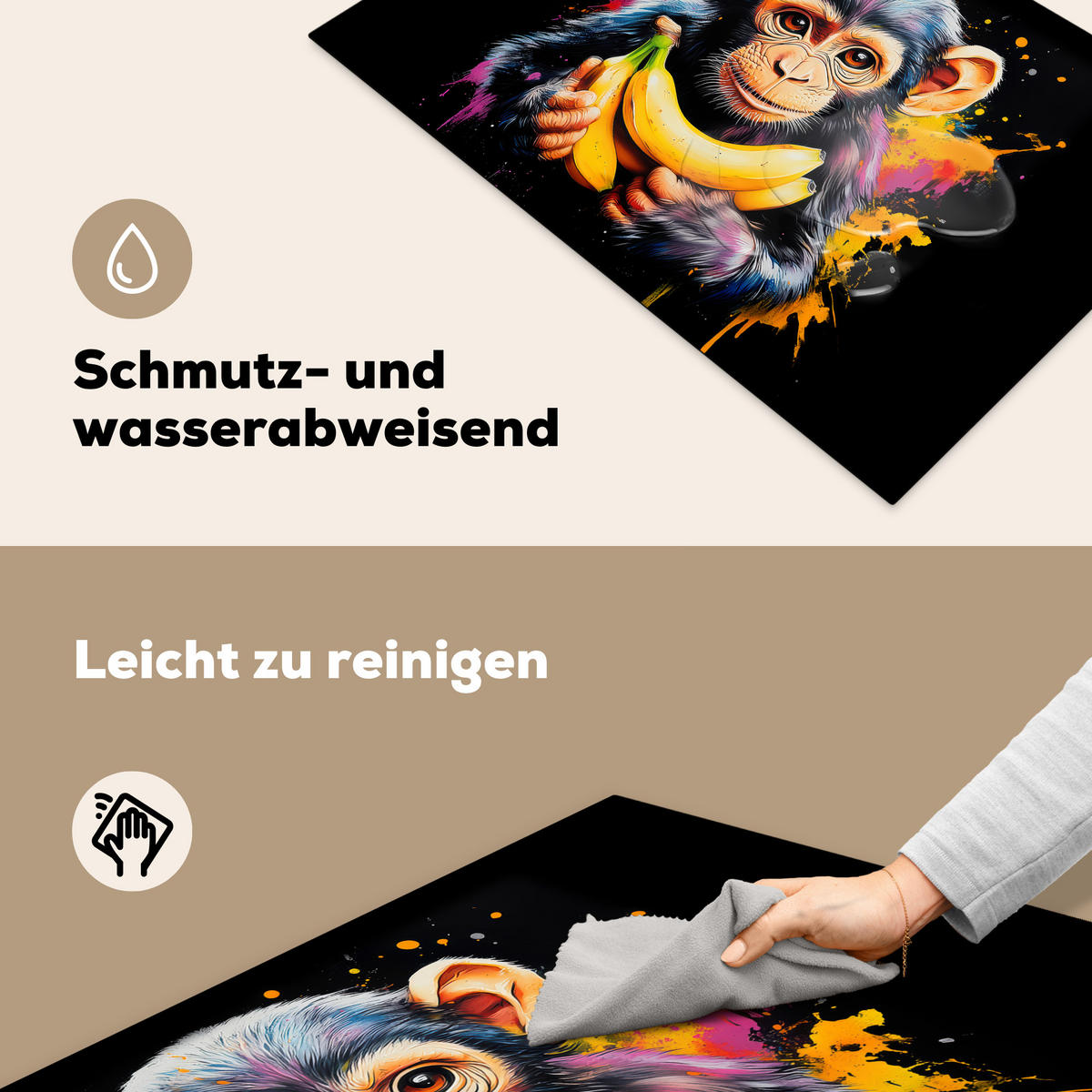 HERDABDECKPLATTE Affe - Graffiti - Farbenfroh - Bananen - Modern 81x52 cm - Gelb, Kunststoff (81.6/52.7/0.2cm) - MuchoWow