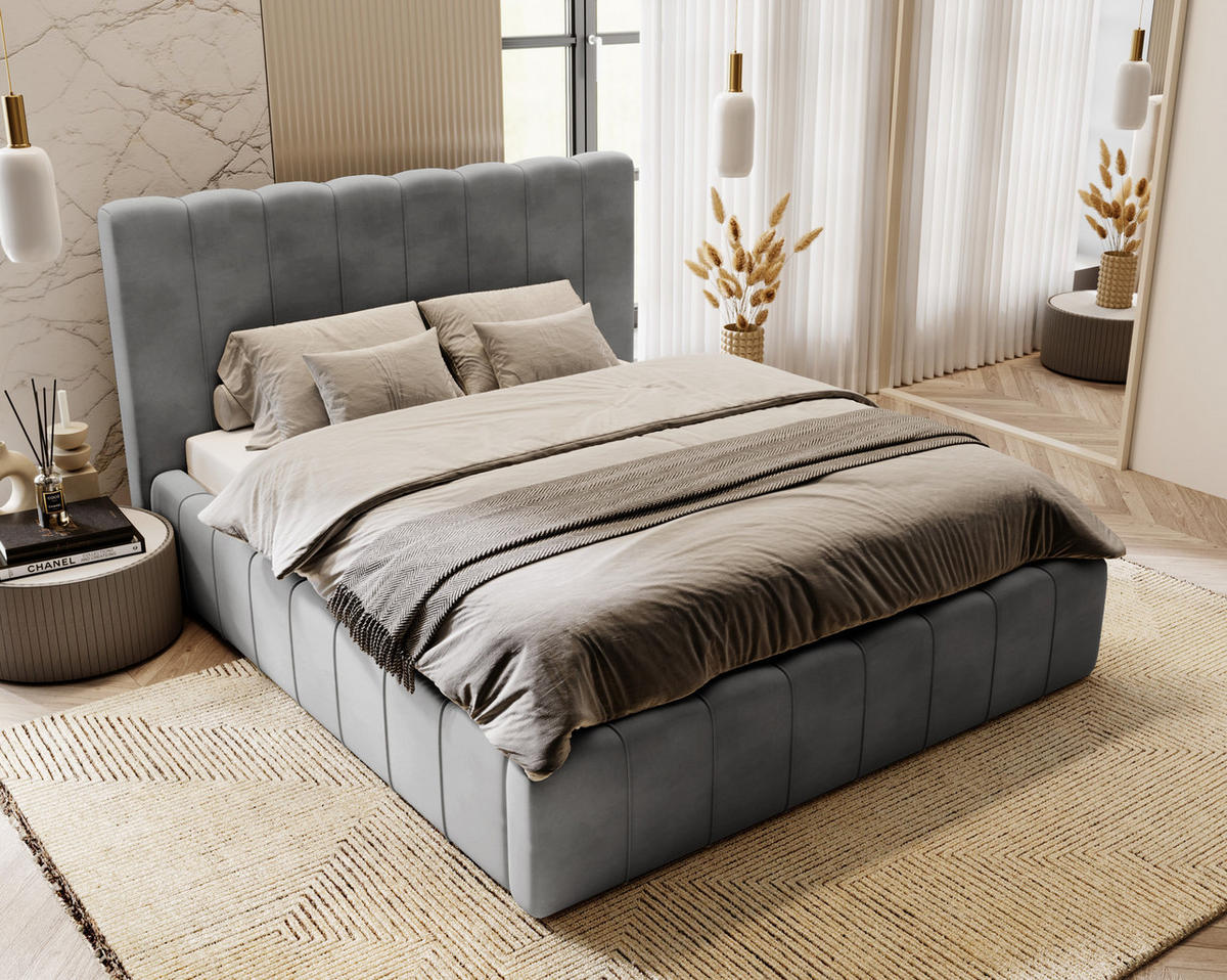 DOPPELBETT mit Bettkasten 200x200 Porto, Lattenrost, Grau - Grau, Holz/Textil (200/200cm) - Emporius