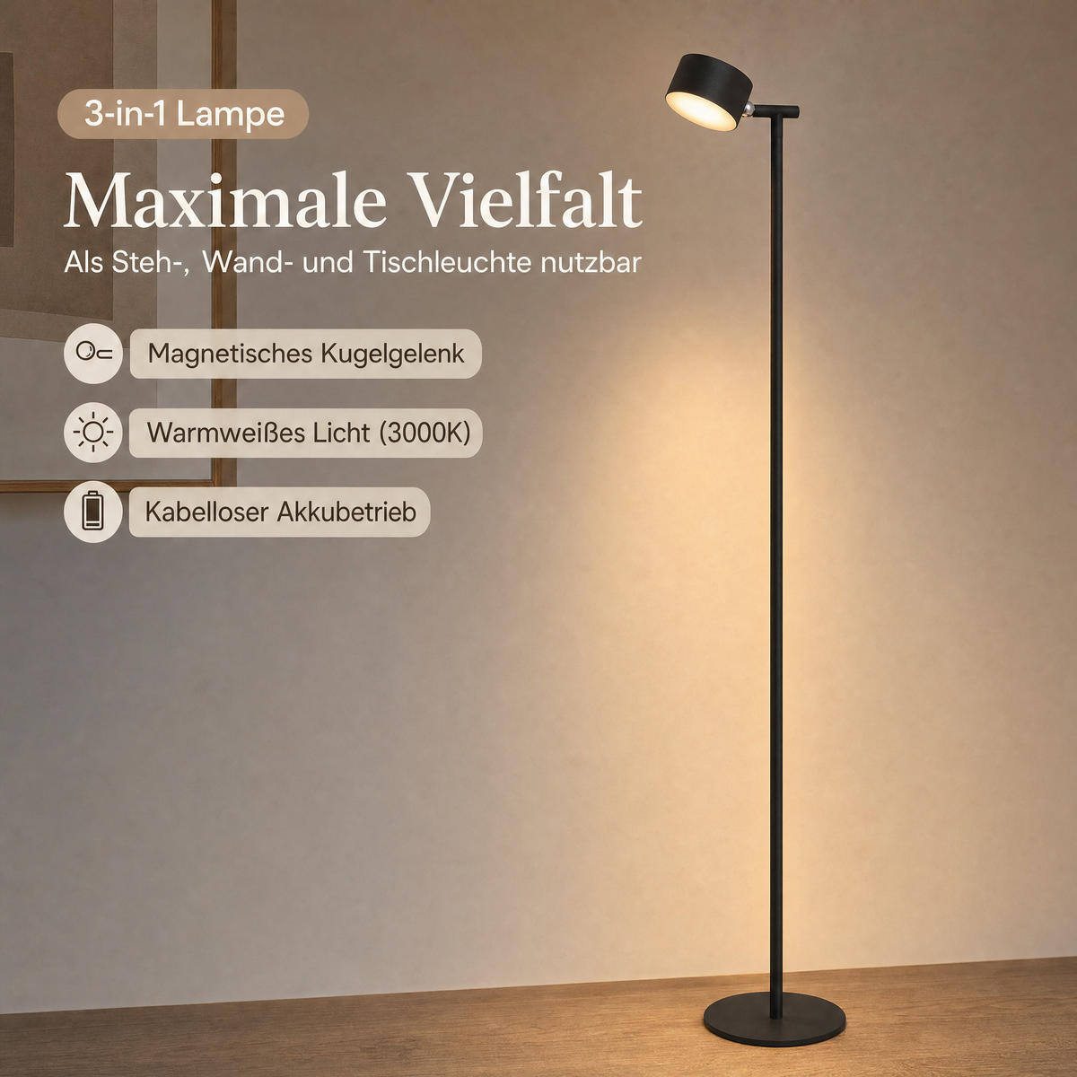 LED-AKKU-STEHLEUCHTE 3 in 1 Schwarz Höhe bis zu 120 cm Metall - Schwarz, Metall (16/16/120cm) - Northpoint