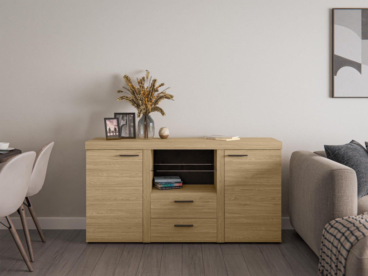 SIDEBOARD Spacoro 2F2S Geölte Eiche Matt 156,4/82/40,3 cm – Schubladenschrank Kommode Modern - Eichefarben, Holzwerkstoff/Kunststoff (156/82/40cm) - AX Living