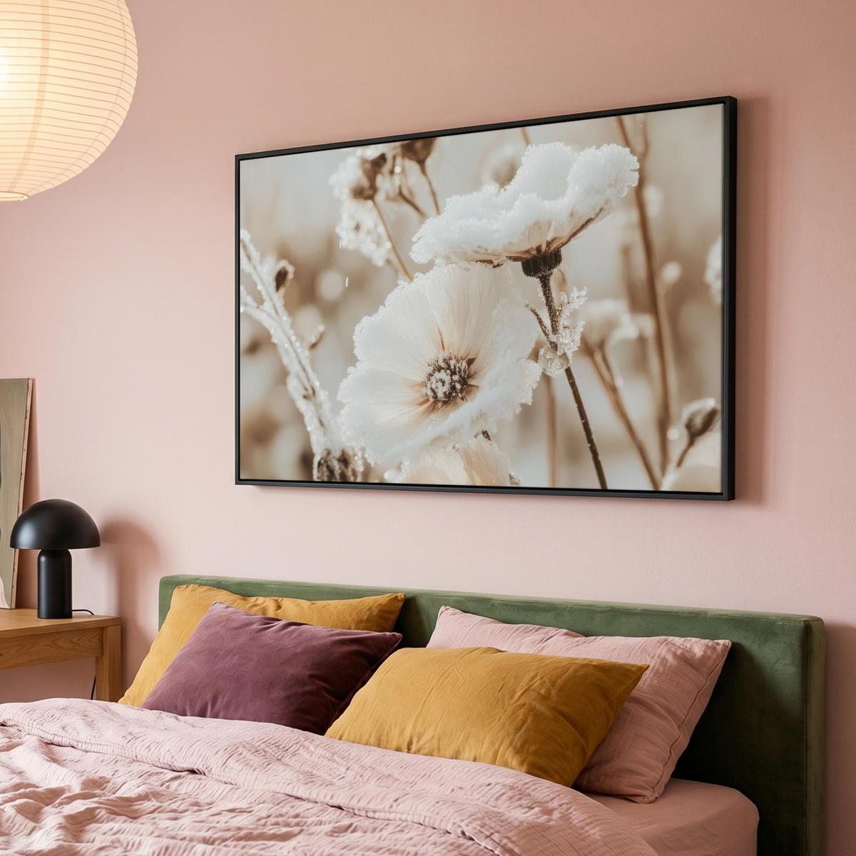 LEINWAND Bilder mit Rahmen - Blumen - Winter - Weiß - Schnee - Beige - 140x90 - Creme, Textil (140/90cm) - MuchoWow