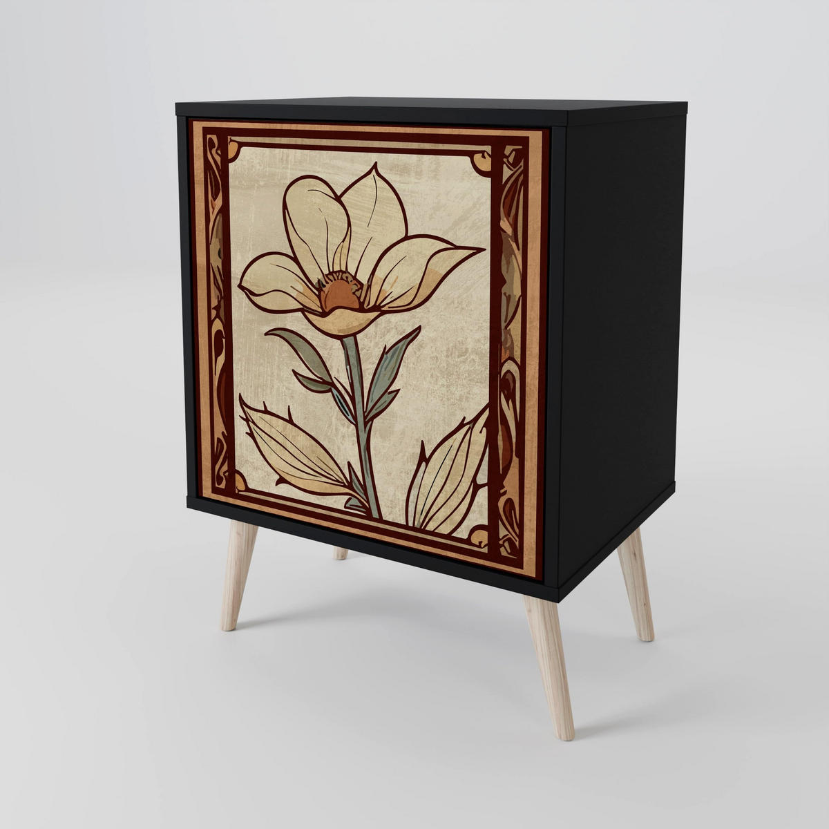 SIDEBOARD TIMELESS FLORA, Schwarz, 57,5x42x70,5 cm, Schwarze Metall-Sternfüße - Multicolor/Schwarz, Holzwerkstoff/Metall (57.5/70.5/42cm) - SpaceRebels