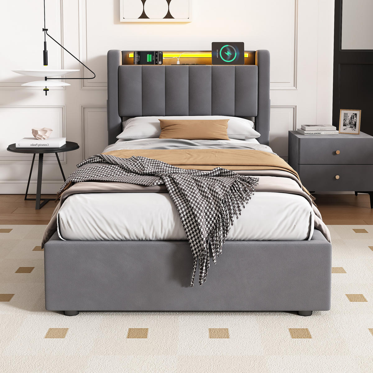 POLSTERBETT 90/200 cm mit Matratze und Stauraum, mit Steckdose und LED Beleuchtung - Grau, Holzwerkstoff/Textil (90/200cm) - STILVORA