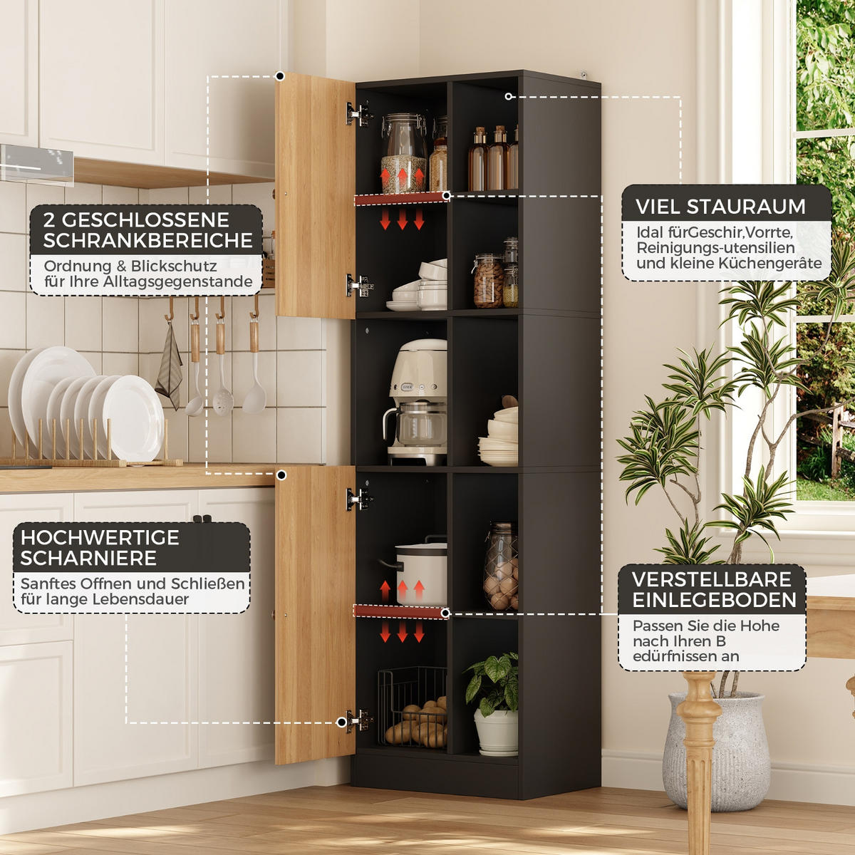 KÜCHENSCHRANK, 50/170/35,5 cm, MDF, Anthrazit-Eiche, mit 6 offenen Regalen und 2 Türen, für Esszimmer - Schwarz, Holzwerkstoff (35.5/170/50cm) - Rolipo