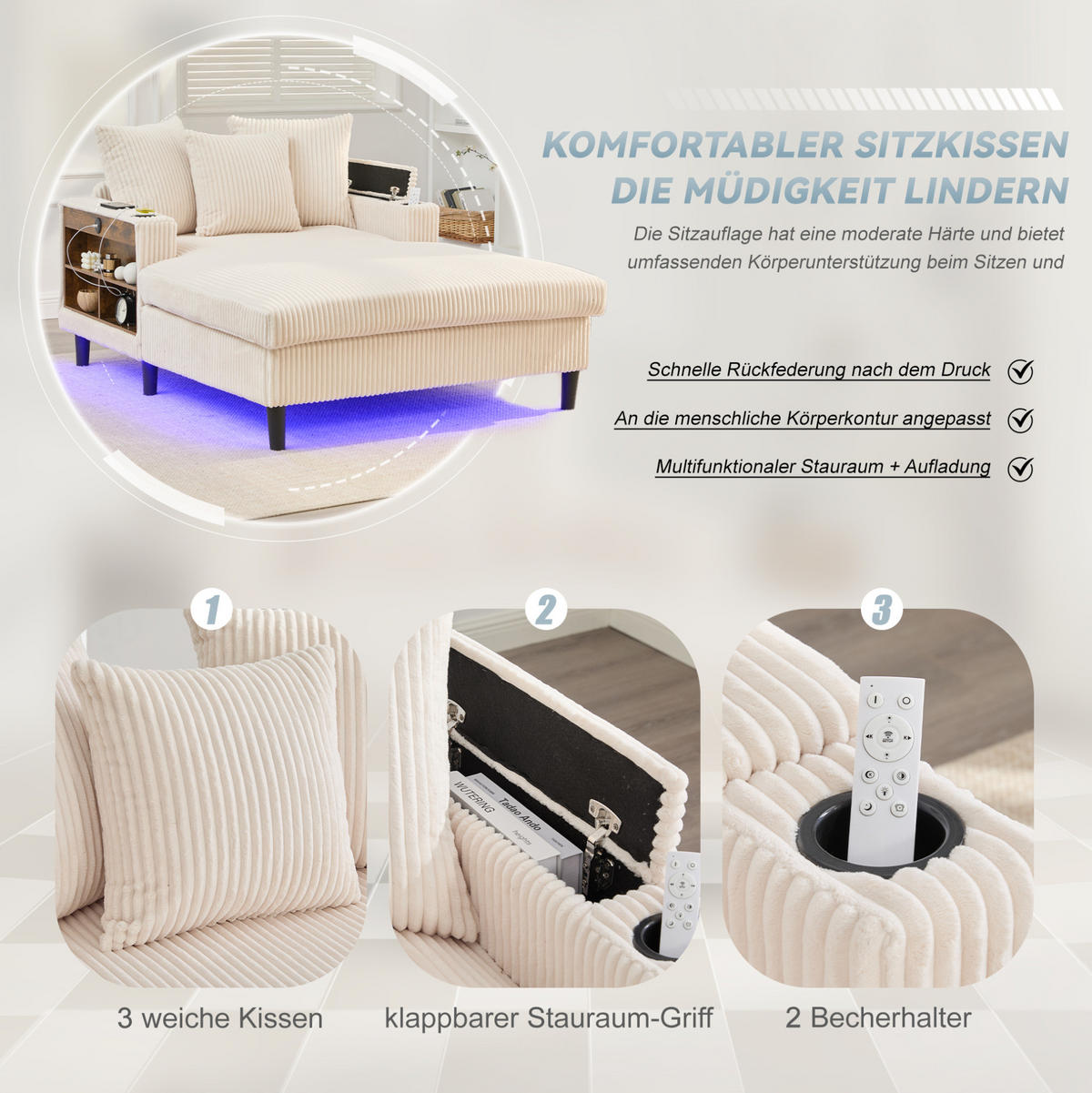 SCHLAFSOFA 129/170/70 cm aus Cord mit LED-Beleuchtung und USB-Ladeanschluss Beige - Beige, Textil (170/70/129cm) - Modenvie