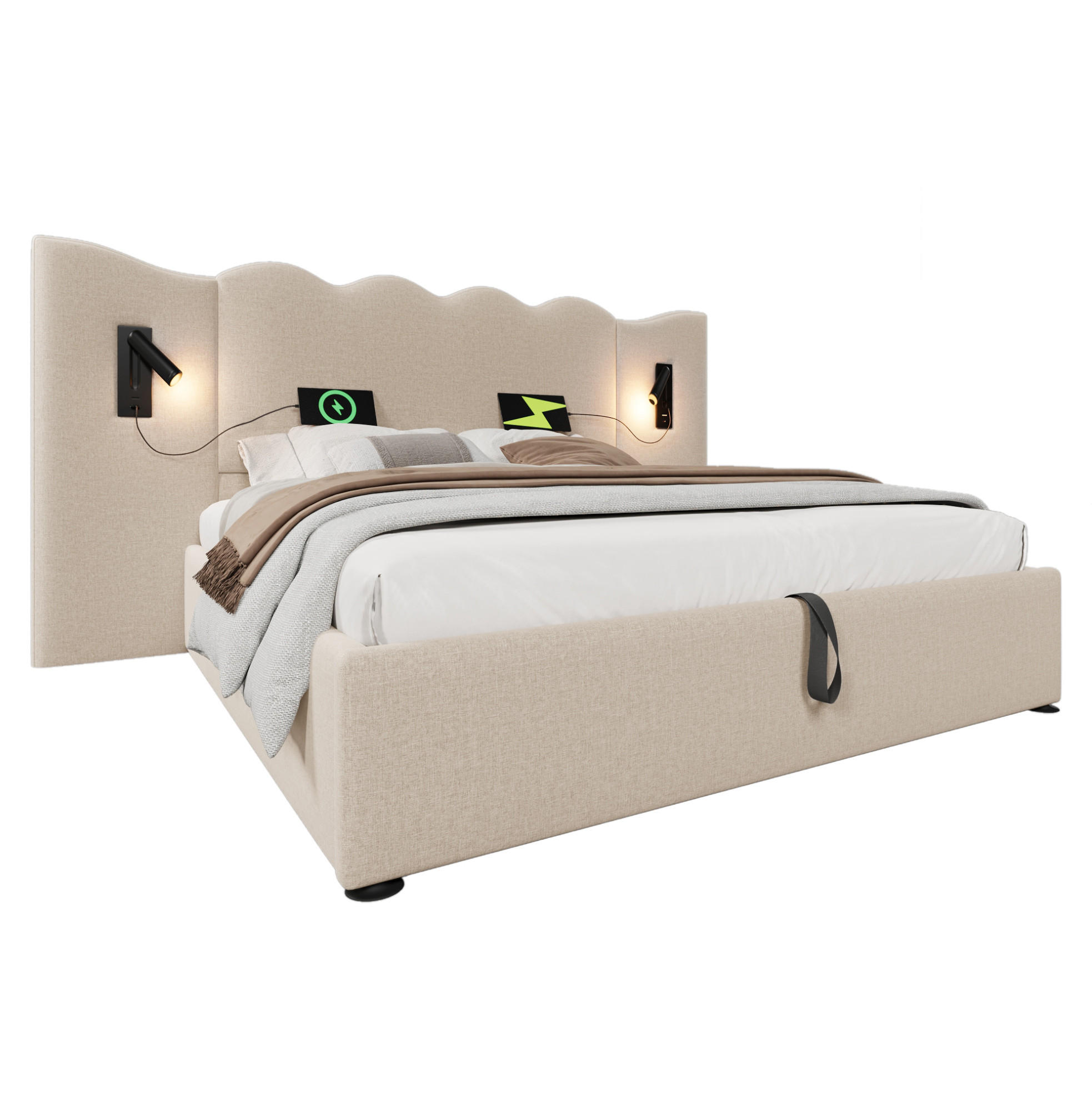 POLSTERBETT 180/200 cm mit Leselampe, USB- und Type-C-Anschluss, hydraulischem Stauraum und Wellenkopfteil, Beige - Beige, Textil (180/200cm) - Redom
