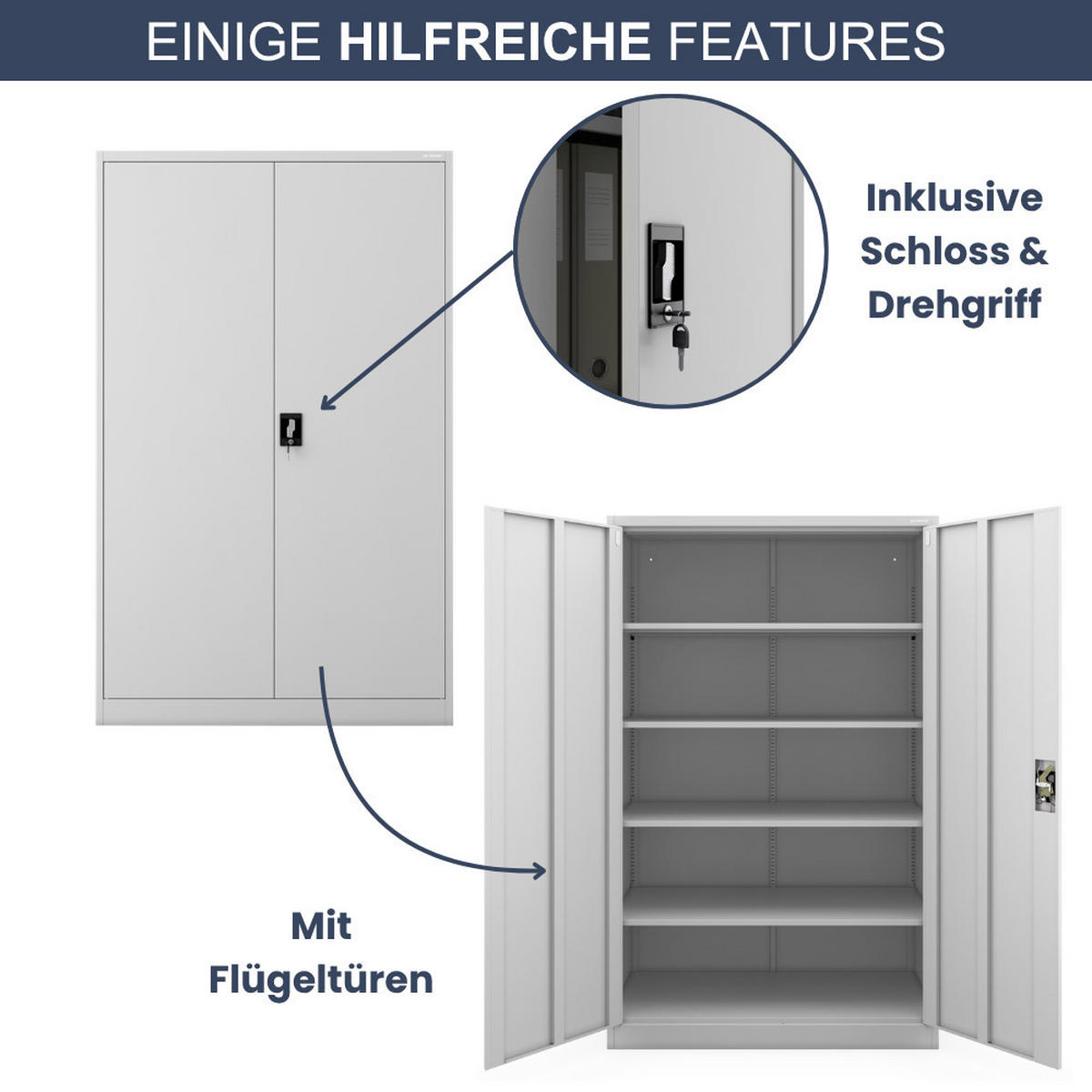 AKTENSCHRANK abschließbar KADO Flügeltüren 185x115x60cm Grau - Grau, Metall (115/185/60cm) - DELUKE