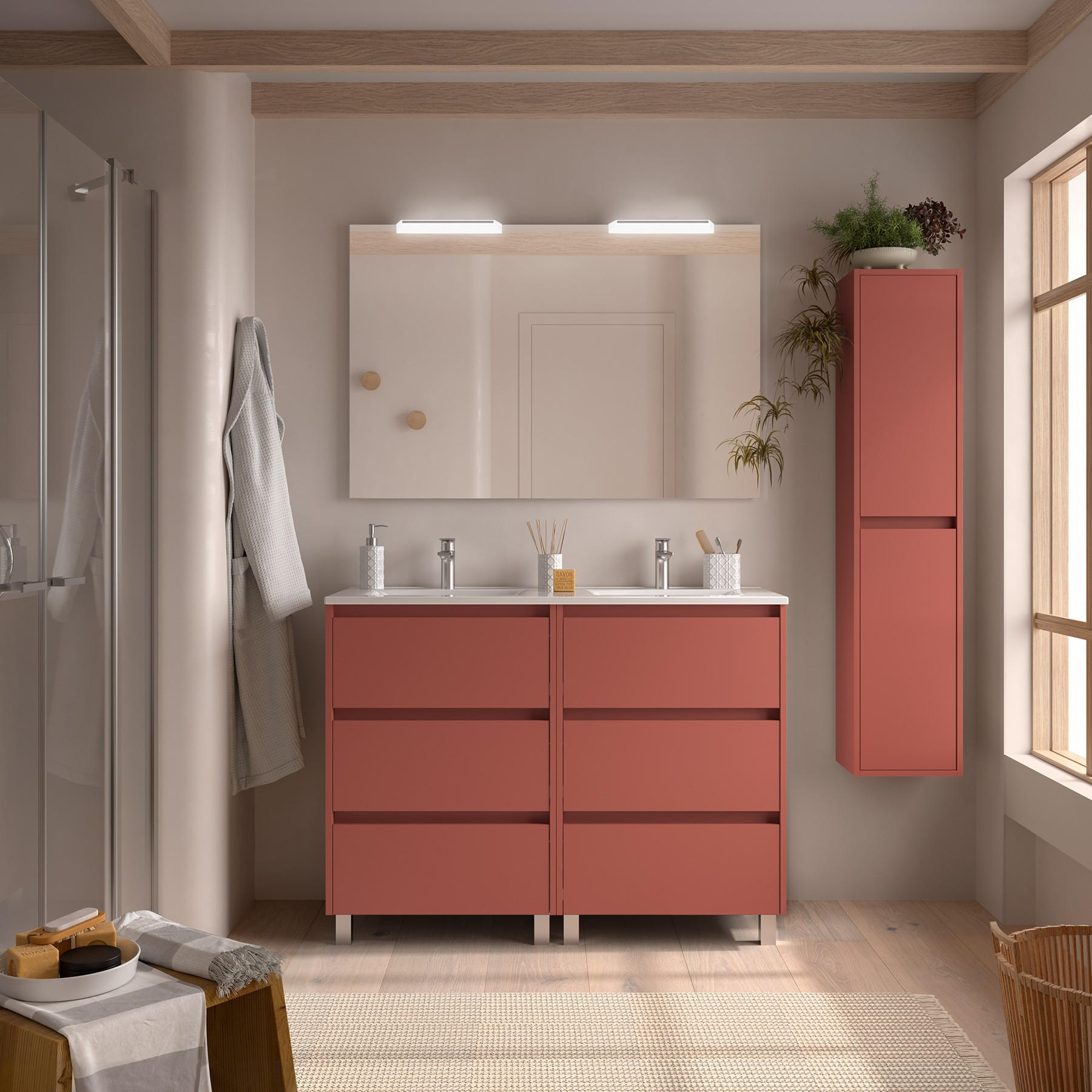 BADEZIMMERMÖBEL NOJA 1200 6 Schubladen RED SATIN + Waschtisch + Spiegel - Schwarz, Metall (45/81/120cm) - Salgar