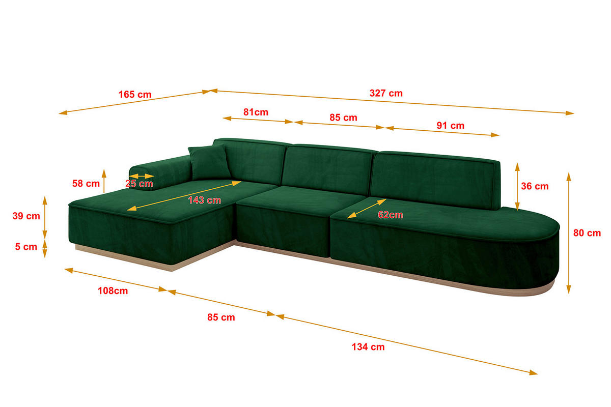 ROHOVÁ SEDAČKA s otomanem, levá IREA-L2 327x165x80 Zelená Velur - černá/zelená barva, kompozitní dřevo/textil (328/171cm) - ALTDECOR