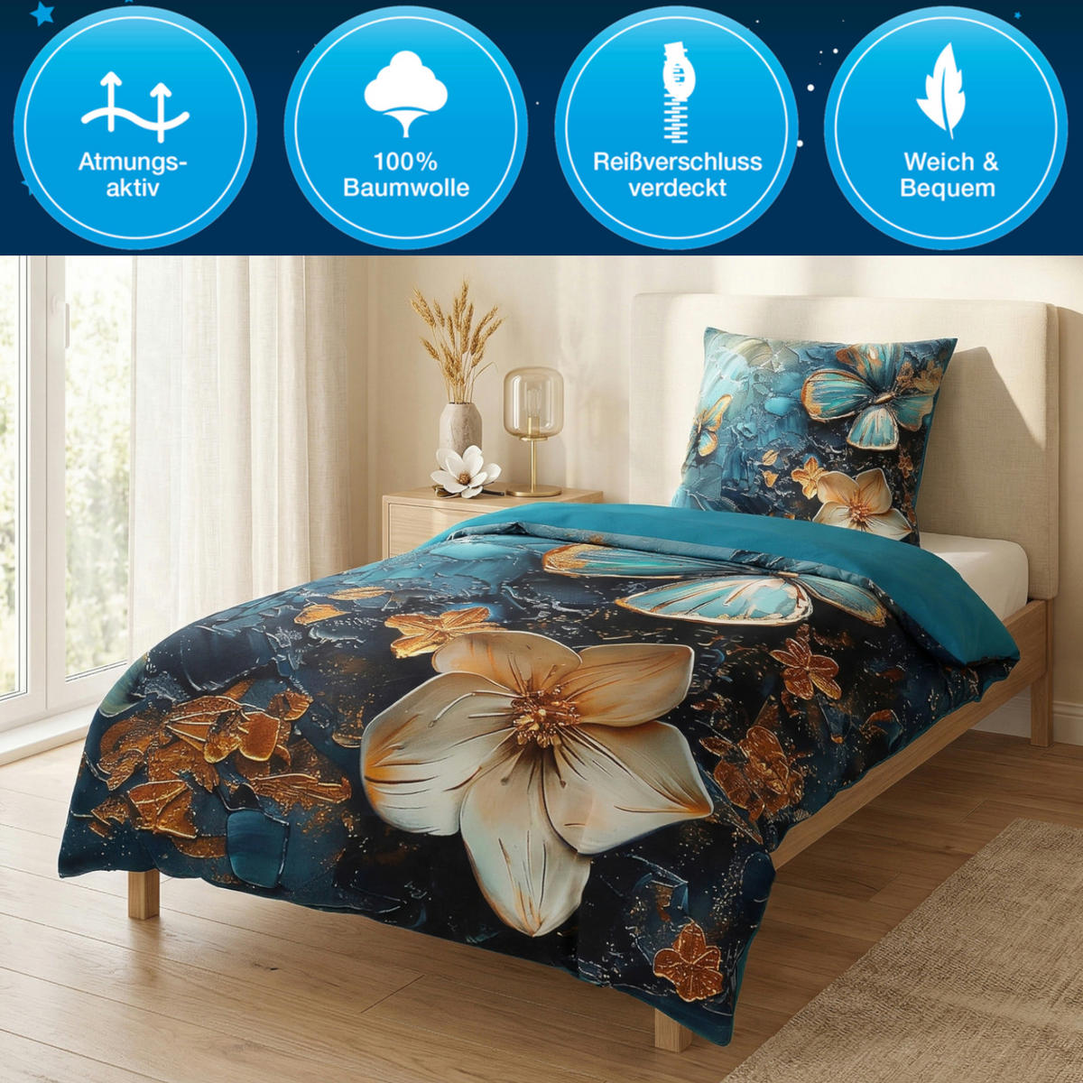 BETTWÄSCHE 2-teilig Mariposa - Blau, Naturmaterialien (135/200cm) - Sanilo