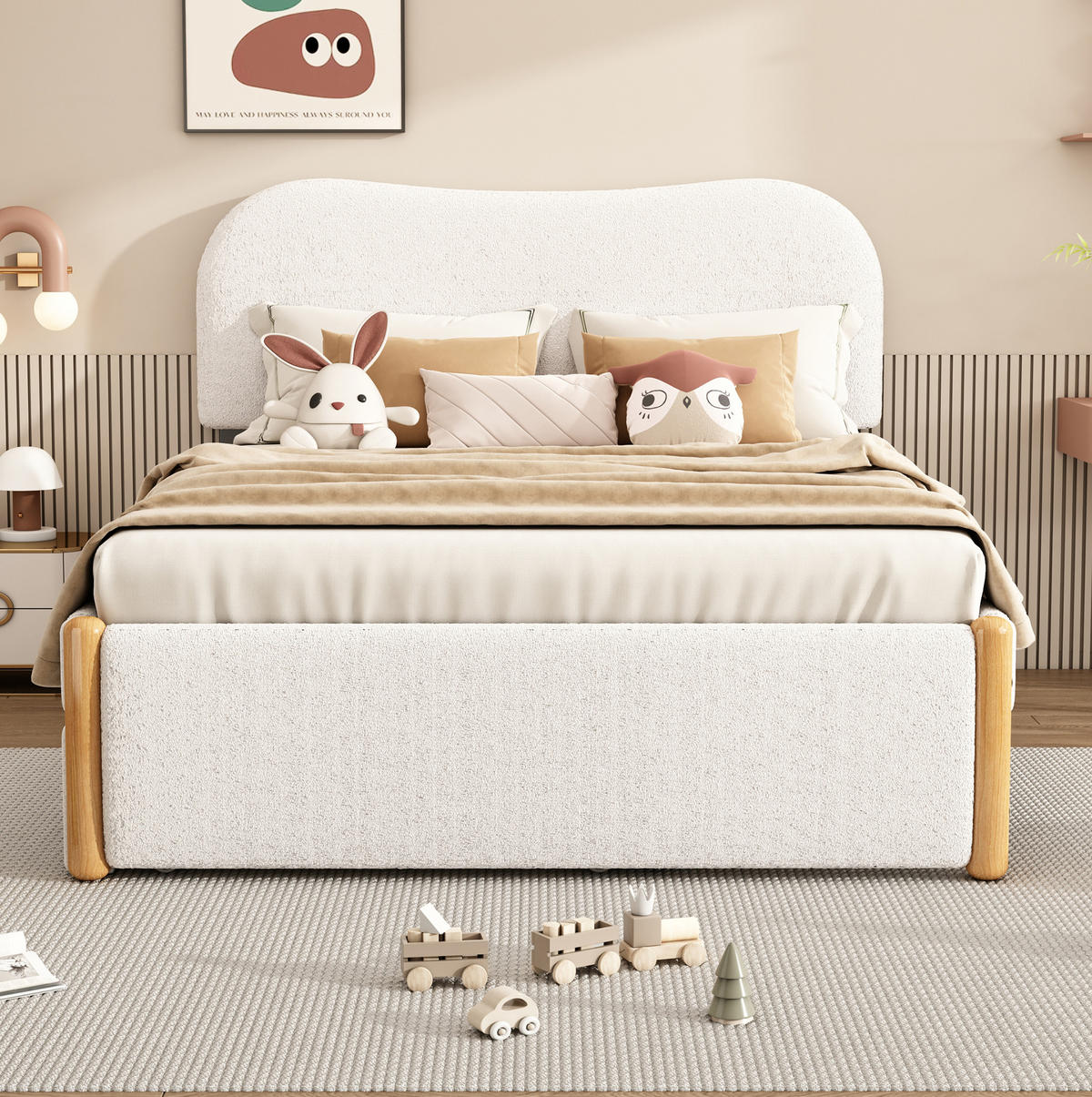 POLSTERBETT aus Plüsch und MDF 140x200 cm Weiß mit ausziehbarem Rollbett und minimalistischem Design - Weiß, Textil (140/200cm) - Modfu