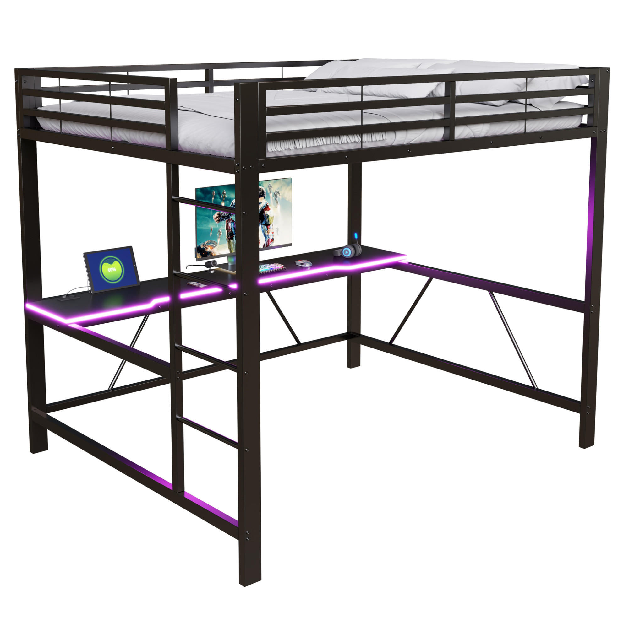HOCHBETT aus Metall und MDF 160x200 cm Schwarz mit LED-Beleuchtung, Schreibtisch und Schutzgitter - Schwarz, Holzwerkstoff (160/200cm) - Modfu