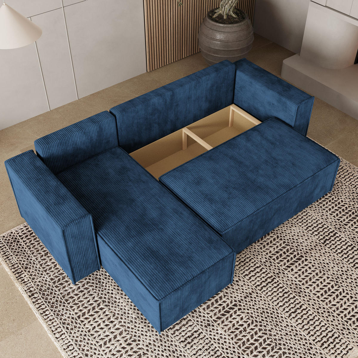 ROHOVÁ SEDAČKA RAVELO modrá - šedá/modrá, dřevo/textil (240/140cm) - MASSENO