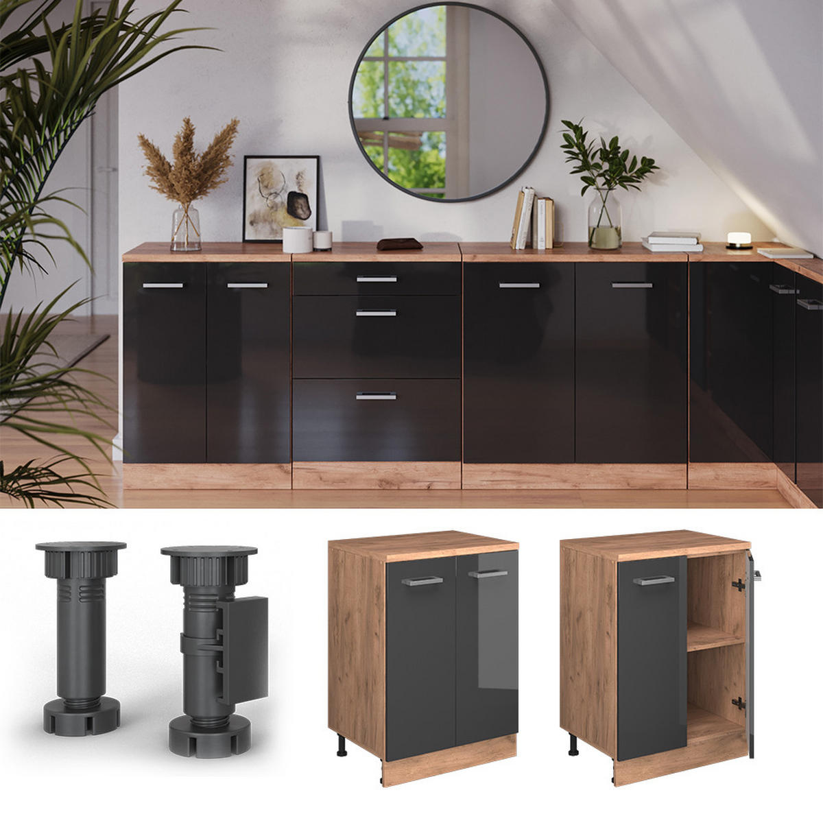 ORMAR ZA POTKROVLJE Rion Antracit visokog sjaja 60 x 81.6 cm bez kosine s 2 vrata - hrast medunac/crna visoki sjaj, drvni materijal (60/83.8/46cm) - Vicco