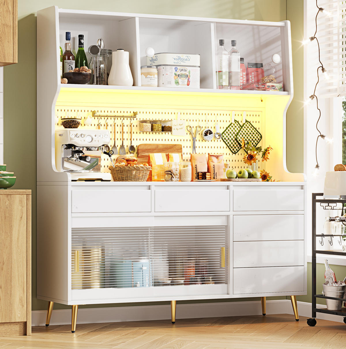 BUFFET 145/39/171 cm weiß aus MDF und Glas mit LED - Weiß, Holzwerkstoff (145/171/39cm) - OKWISH