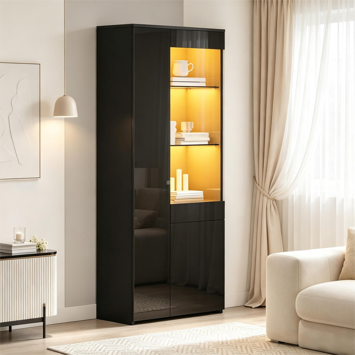 VITRINE 70x35x180 cm Schwarz mit LED und Schubladen - Schwarz, Holzwerkstoff (70/180/35cm) - FLIEKS