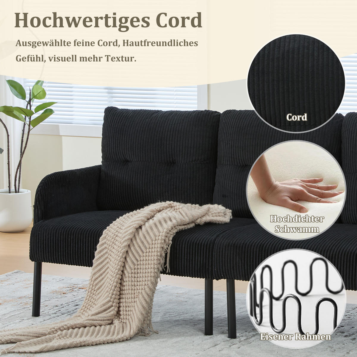 3-SITZER Sofa mit Seitentaschen, Metallgestell & Leinenstoff, 171cm, Schwarz - Schwarz, Textil/Metall (171/80/72cm) - LVHOM