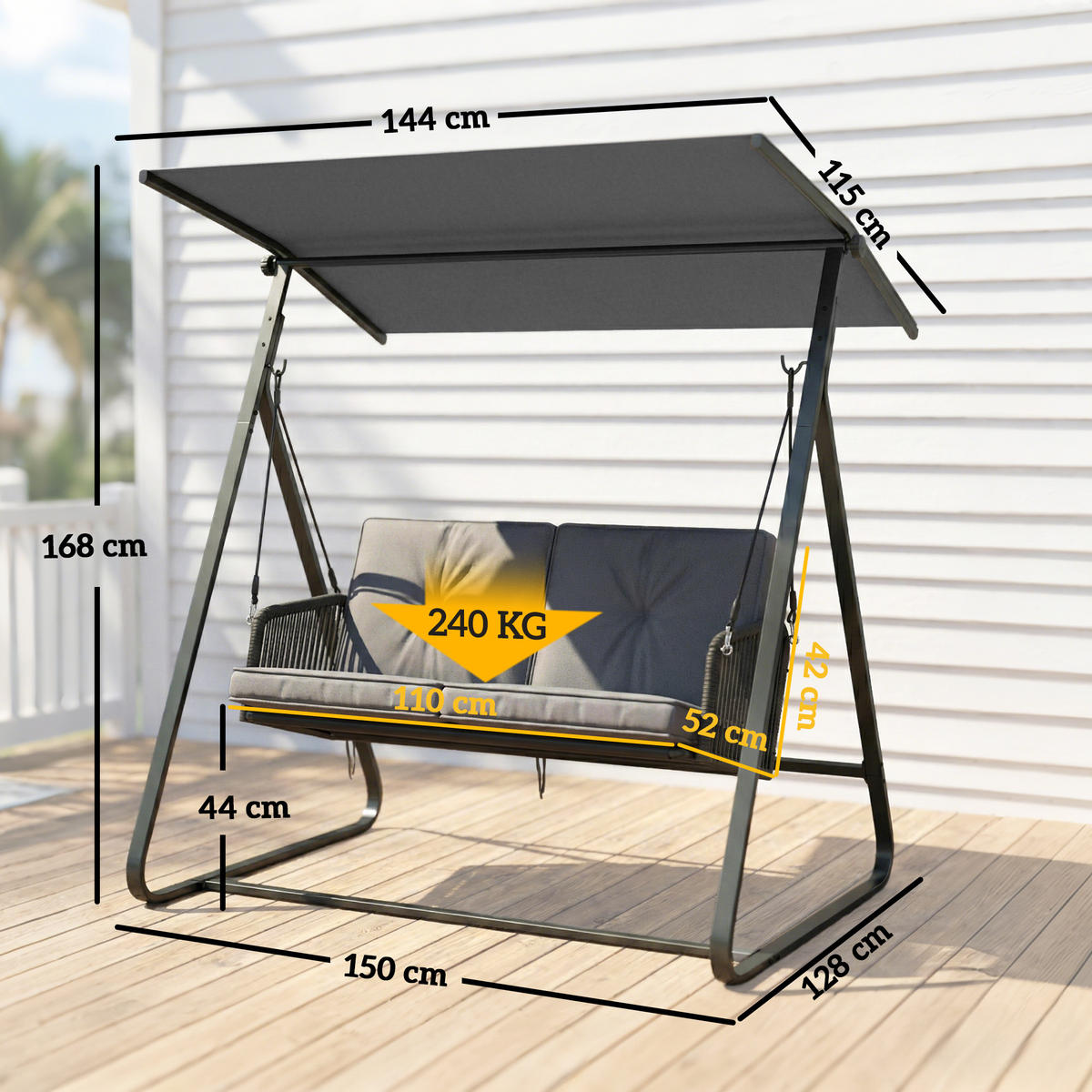 RATTAN-SCHAUKEL PE-Rattan Stahl Dunkelgrau - Dunkelgrau, Textil/Metall (128/168/150cm) - Outsunny