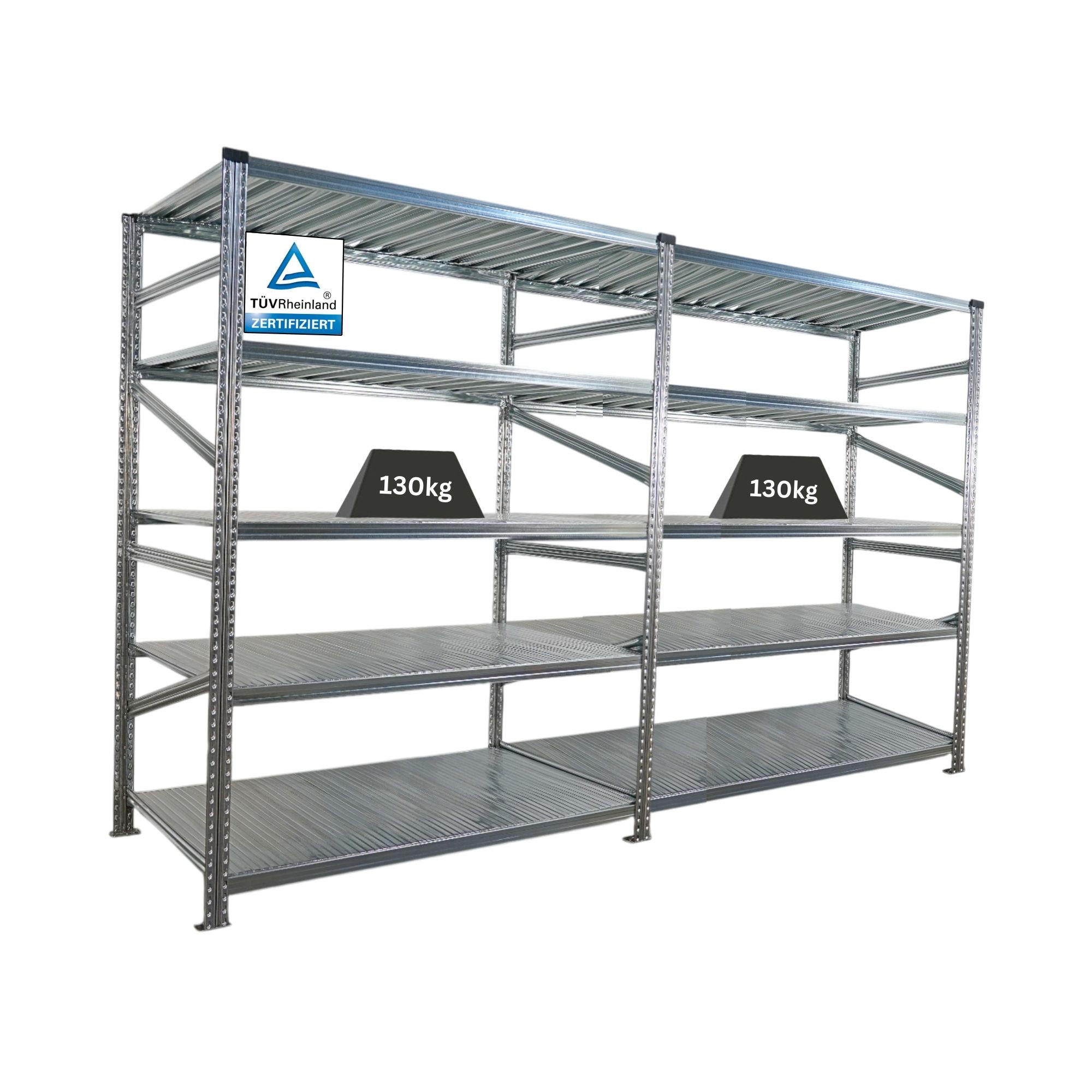 FACHBODENREGAL Proximo Stecksystem 200x300x80cm 5 Ebenen Fachlast 130 kg Beidseitig nutzbar Verzinkt - Silberfarben, Metall (300/200/80cm) - PROREGAL