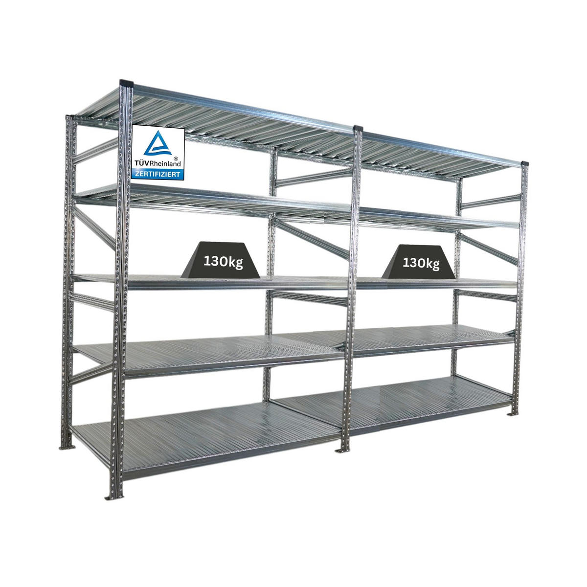 FACHBODENREGAL Proximo Stecksystem 200x300x80cm 5 Ebenen Fachlast 130 kg Beidseitig nutzbar Verzinkt - Silberfarben, Metall (300/200/80cm) - PROREGAL