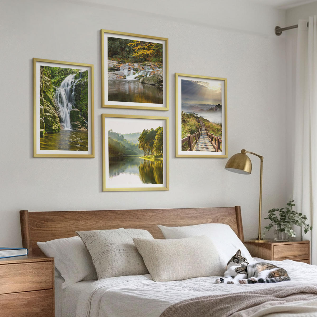 BILDER SET 4er Set - 50x50 cm & 40x60 cm Goldrahmen - Wasserfälle, Berge, Wolken, Herbst - Goldfarben, Kunststoff (50/50cm) - TULUP