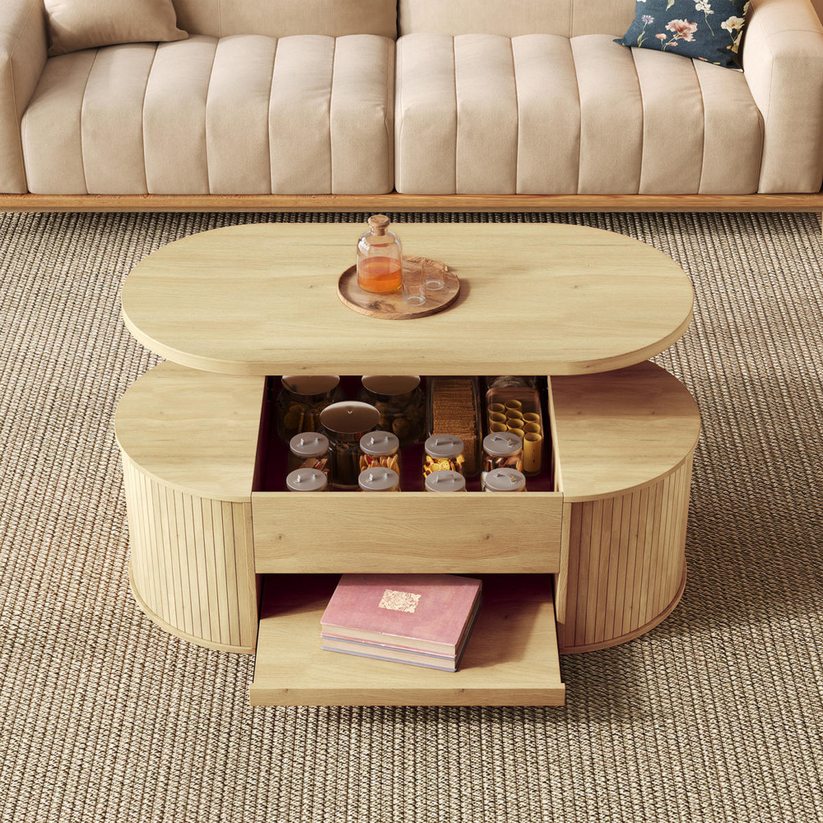 COUCHTISCH Anhebbar Ausziehbares Regal Gebogene Holzseiten Multifunktional - Braun, Holz (125.1/60.96/14.61cm) - FLIEKS