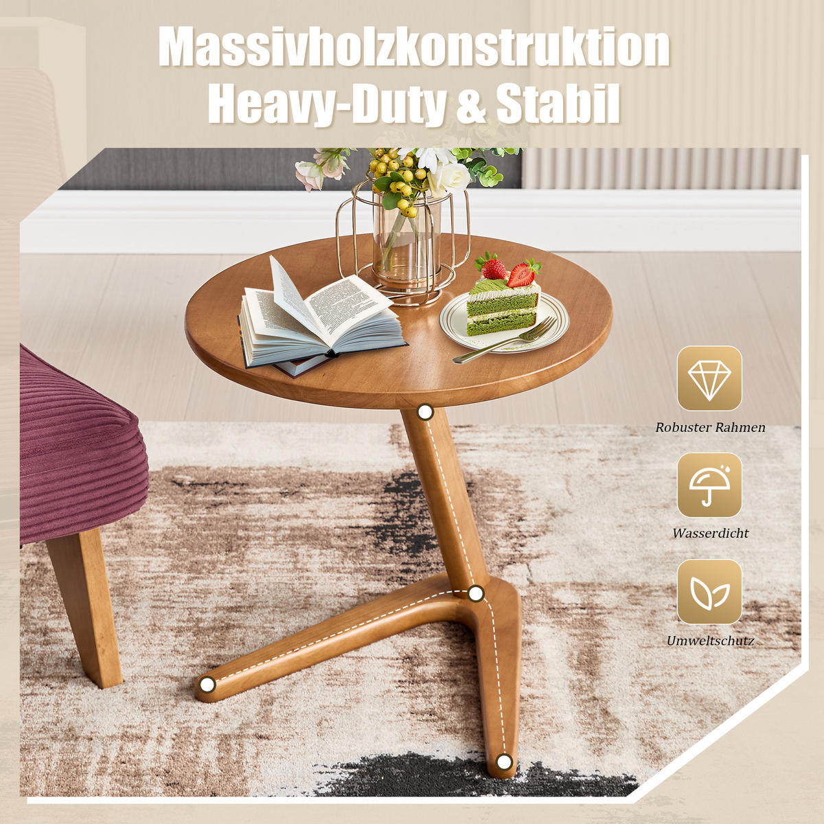 BEISTELLTISCH rund Massivholz - Naturfarben, Holz (50/44/50cm)