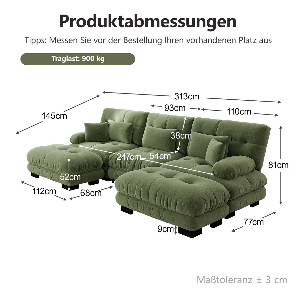 WOHNLANDSCHAFT DE-34065 U-förmig mit Ottoman Grün - Grün, Holz (145/81/313cm) - ComfortXL