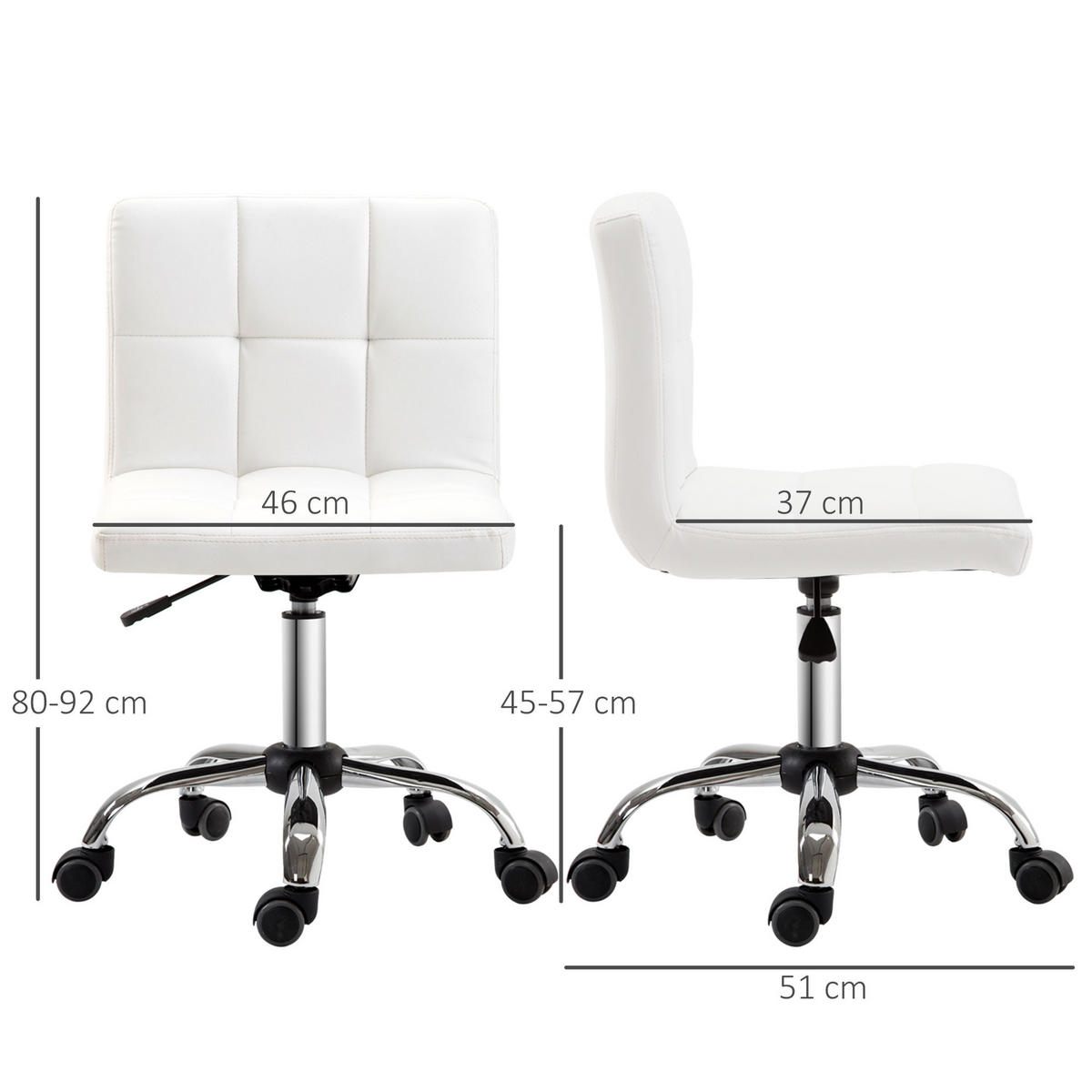BÜROSTUHL ohne Armlehne 51L x 46B x 80-92H cm Weiß - Weiß, Kunststoff (46/92/51cm) - HOMCOM